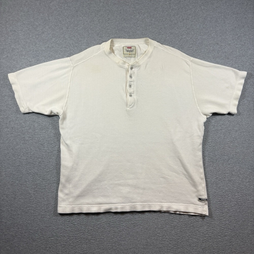 Vintage 90s Levis Ribbed Thermal Henley Shirt Mens Large Cream Short Sleeve Y2K